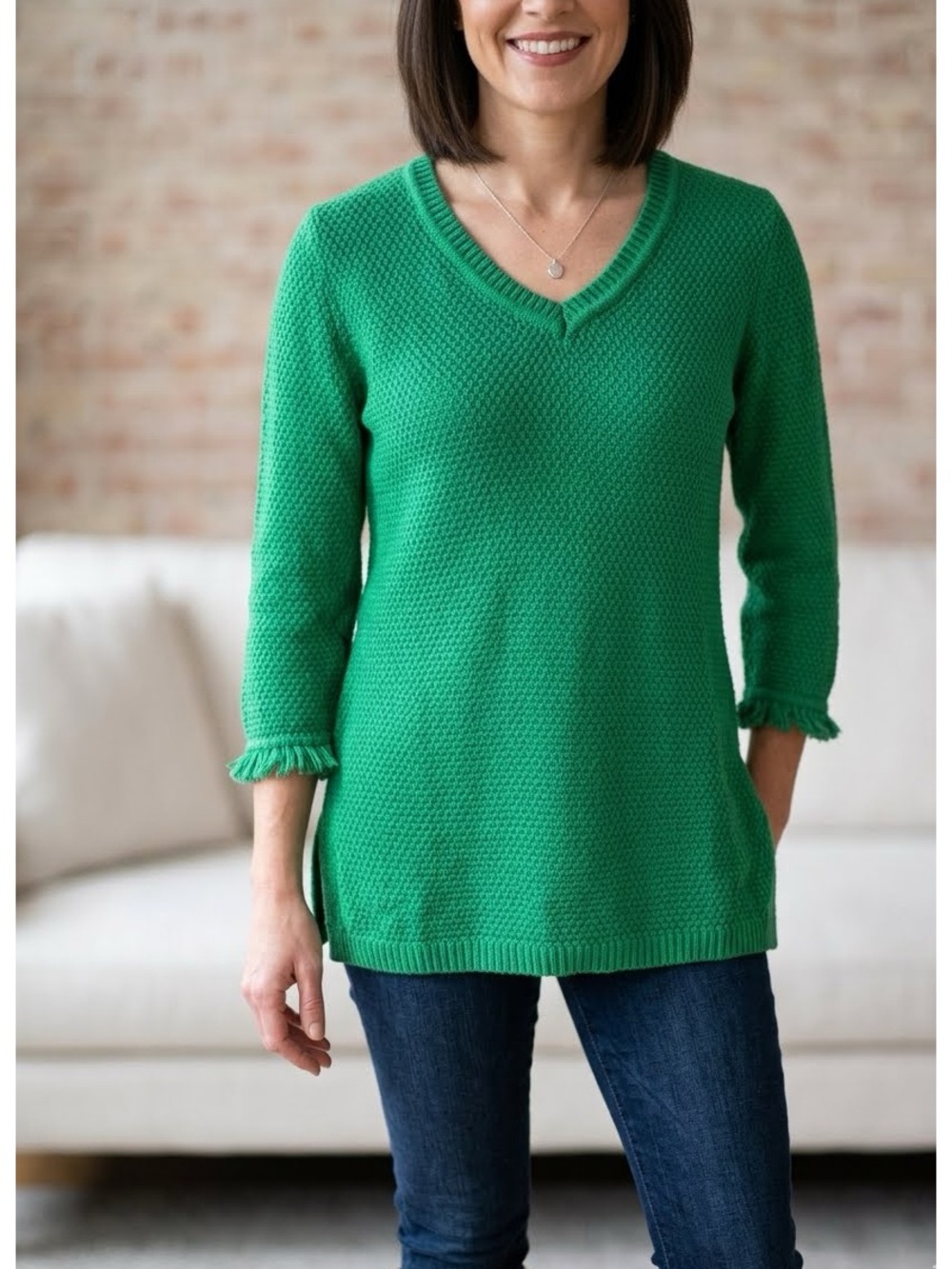 Talbots Cotton Green V Neck Fringe Sleeve Sweater Size XS Coastal Grandma